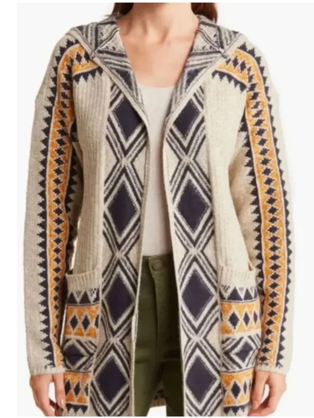 Lucky Brand Cream Hooded Aztec Cardigan with Navy & Mustard Accents